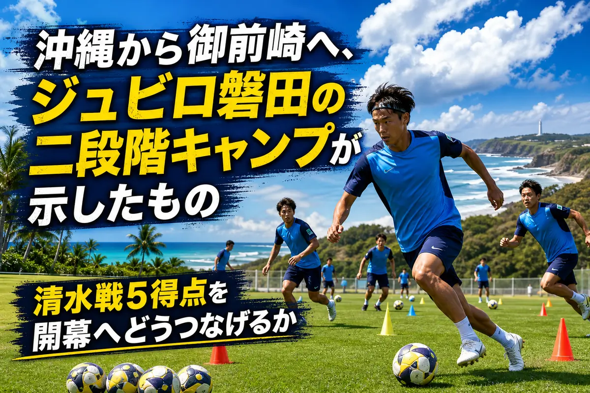 夏空の下でトレーニングに取り組む青いウェアのサッカー選手たち。