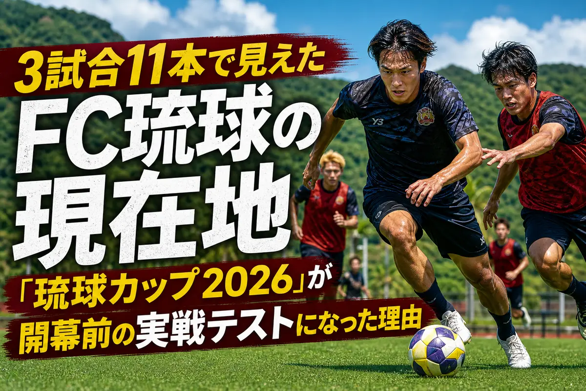 沖縄のスタジアムで実戦形式のトレーニングに臨むサッカー選手たち。