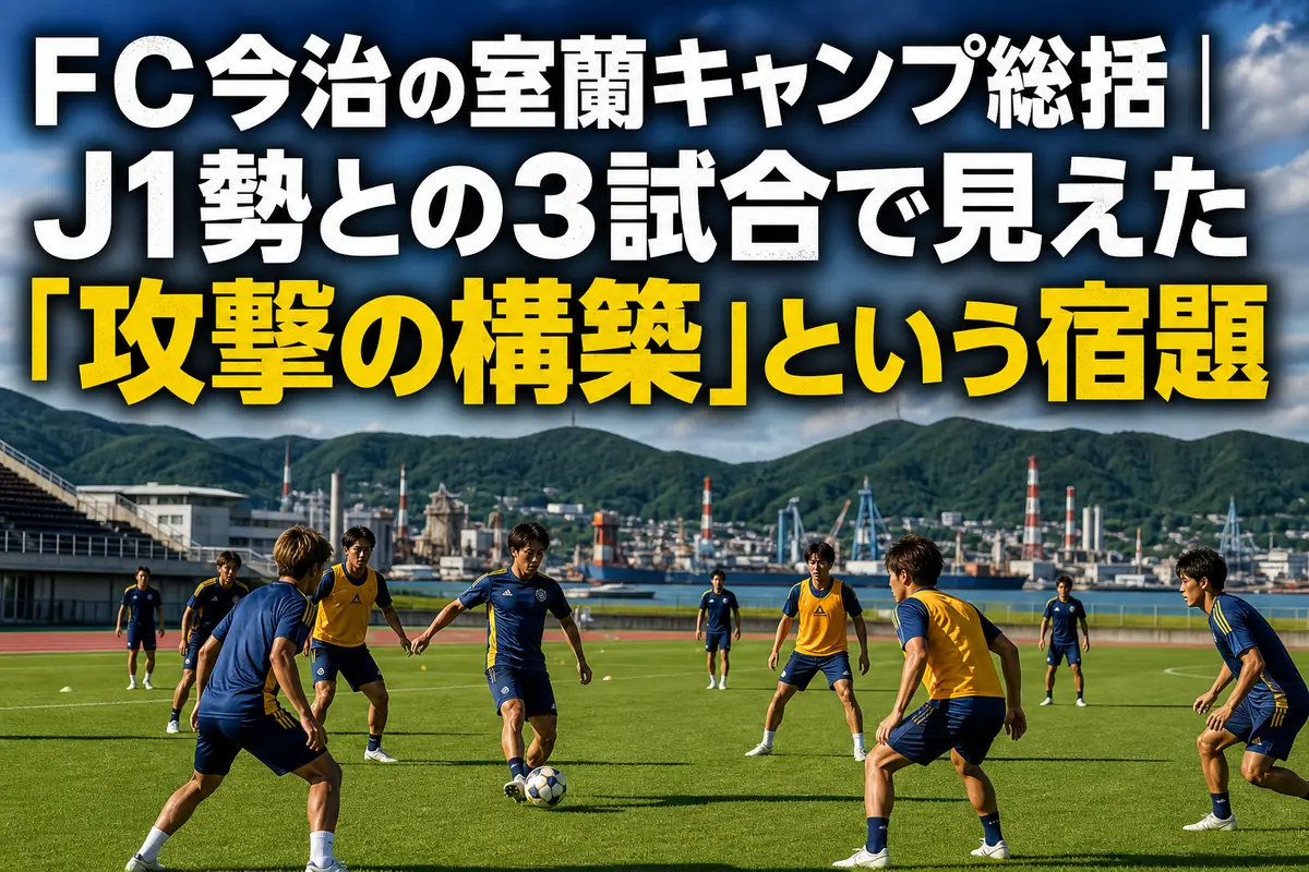 北海道室蘭のピッチで夏季キャンプに取り組むFC今治をイメージした風景。