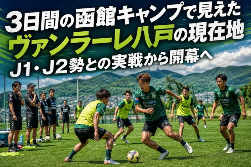 函館の練習場でトレーニングに取り組むサッカーチームのイメージ。