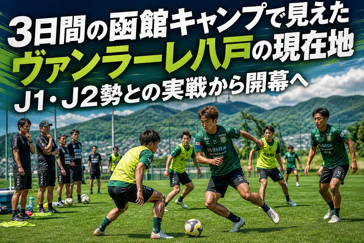 函館の練習場でトレーニングに取り組むサッカーチームのイメージ。