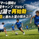 カマタマーレ讃岐は「遠征型キャンプ」ではなく宝山湖で再始動――4得点に表れた夏の積み上げ 夏の練習場で攻撃練習に取り組むサッカーチームのイメージ。
