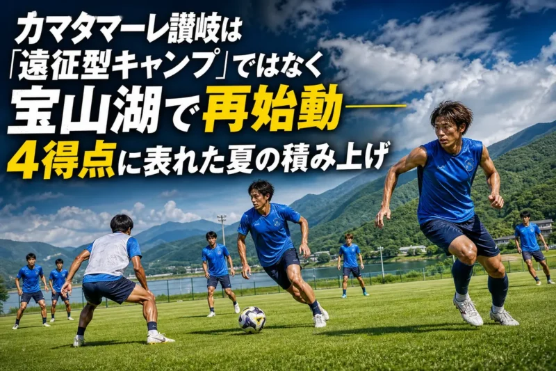 夏の練習場で攻撃練習に取り組むサッカーチームのイメージ。