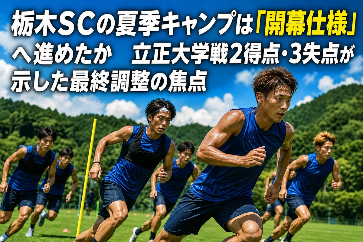 夏の緑のピッチで開幕へ向けたトレーニングに励むサッカーチーム。