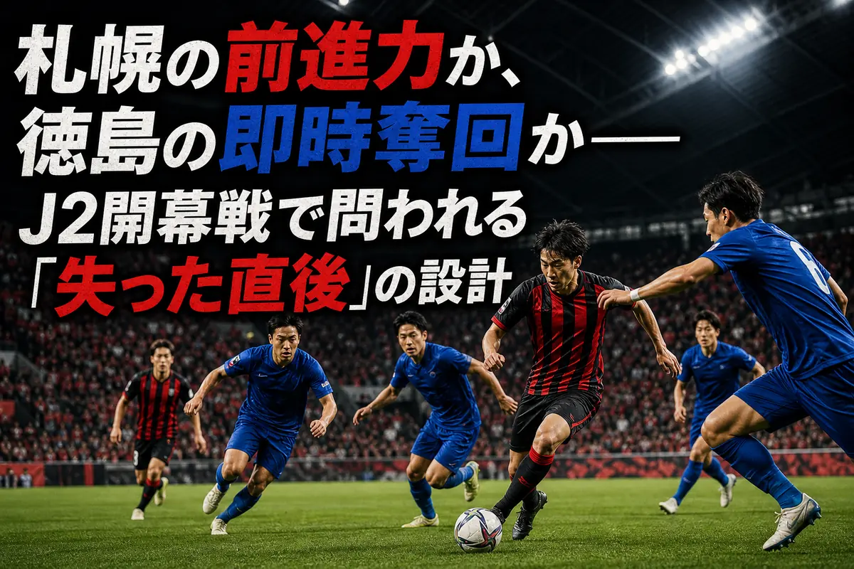 札幌と徳島の選手が中盤で激しくボールを奪い合うイメージ。
