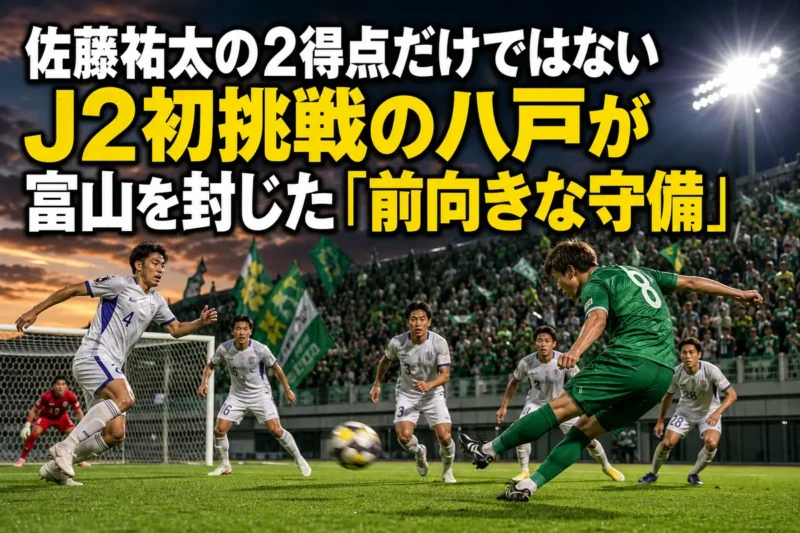 富山戦で右足のシュートを放つ八戸の選手をイメージしたサッカー場面。
