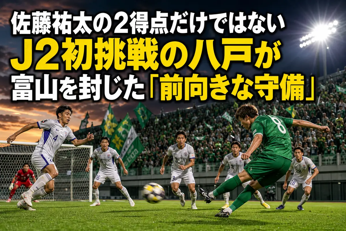 富山戦で右足のシュートを放つ八戸の選手をイメージしたサッカー場面。