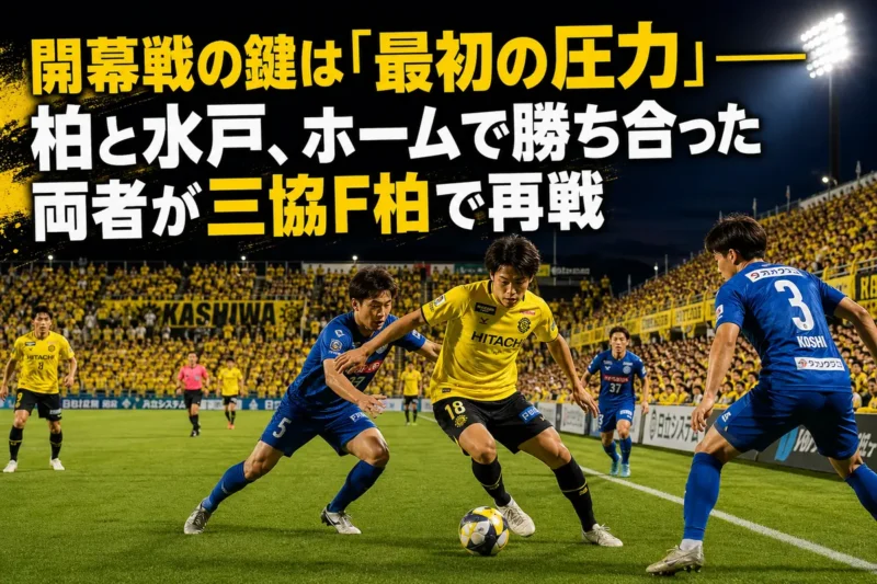 夏のナイトゲームで激しくボールを争う黄色と青のユニフォームの選手たち。