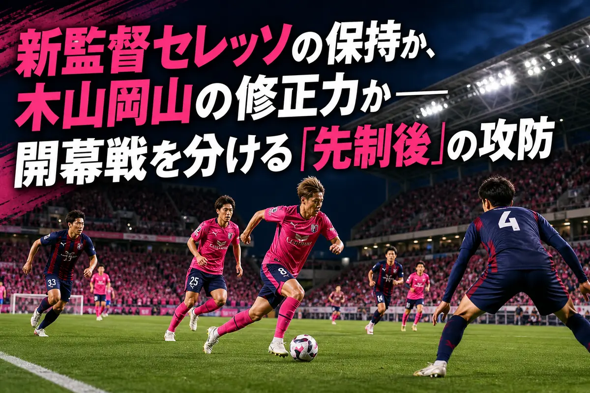 夕暮れのスタジアムでセレッソ大阪とファジアーノ岡山が競り合うイメージ。