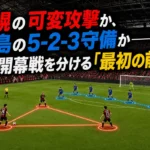 札幌の赤黒の攻撃陣と徳島の青い守備陣が対峙する開幕戦のイメージ。