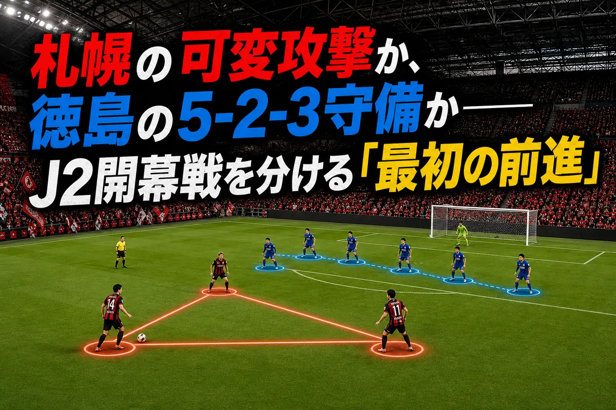 札幌の赤黒の攻撃陣と徳島の青い守備陣が対峙する開幕戦のイメージ。