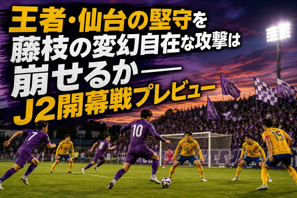 開幕戦で対峙する藤枝MYFCとベガルタ仙台をイメージしたスタジアム風景。