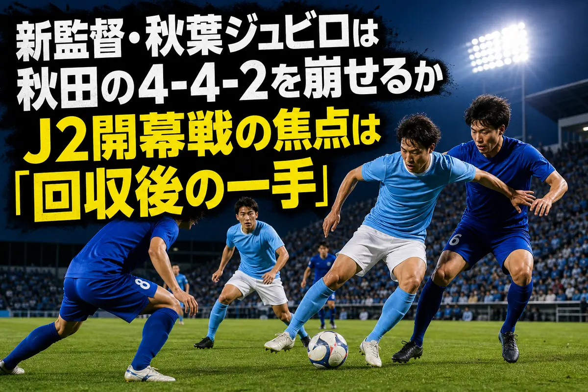 ナイトゲームの中盤でこぼれ球を争う磐田と秋田の選手たち。