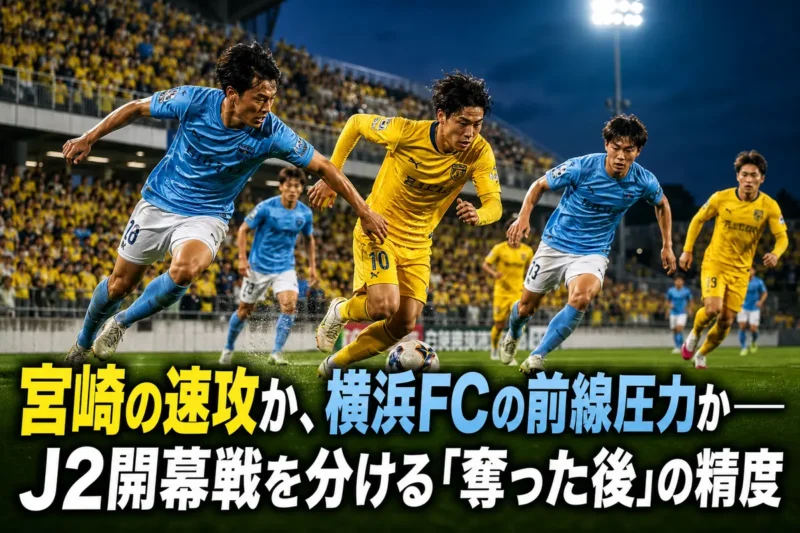 夏のナイトゲームでボール奪取を競う宮崎と横浜FCの選手たち。