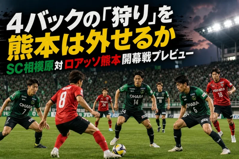 夏の開幕戦で激しくボールを争うSC相模原とロアッソ熊本の選手たち。