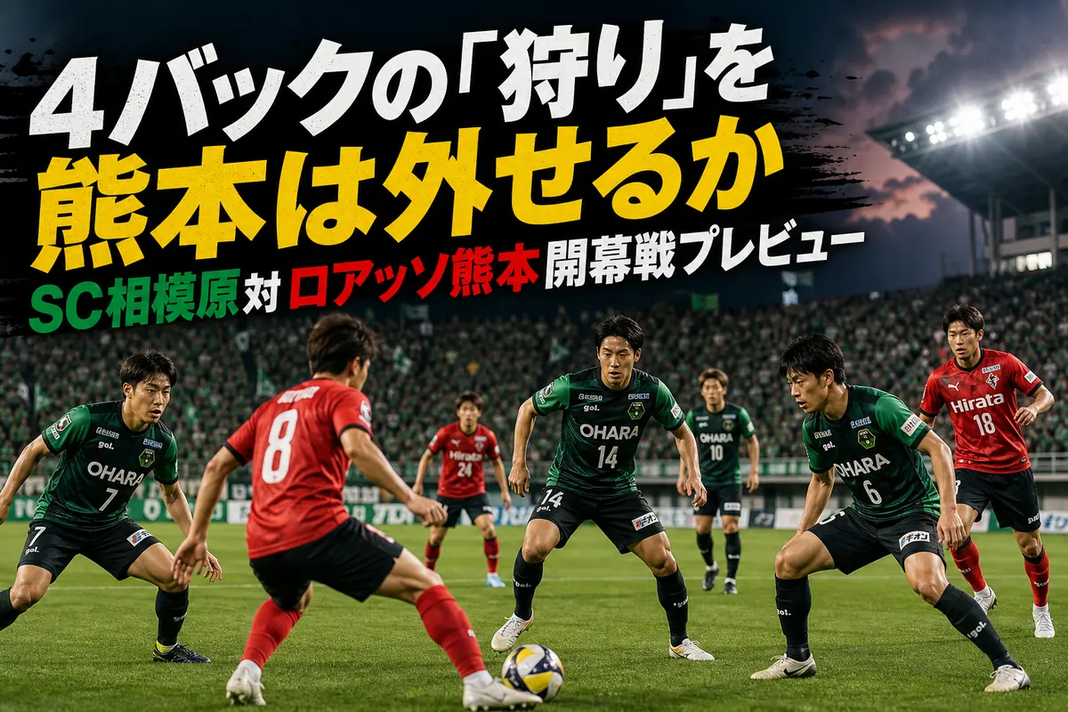 夏の開幕戦で激しくボールを争うSC相模原とロアッソ熊本の選手たち。