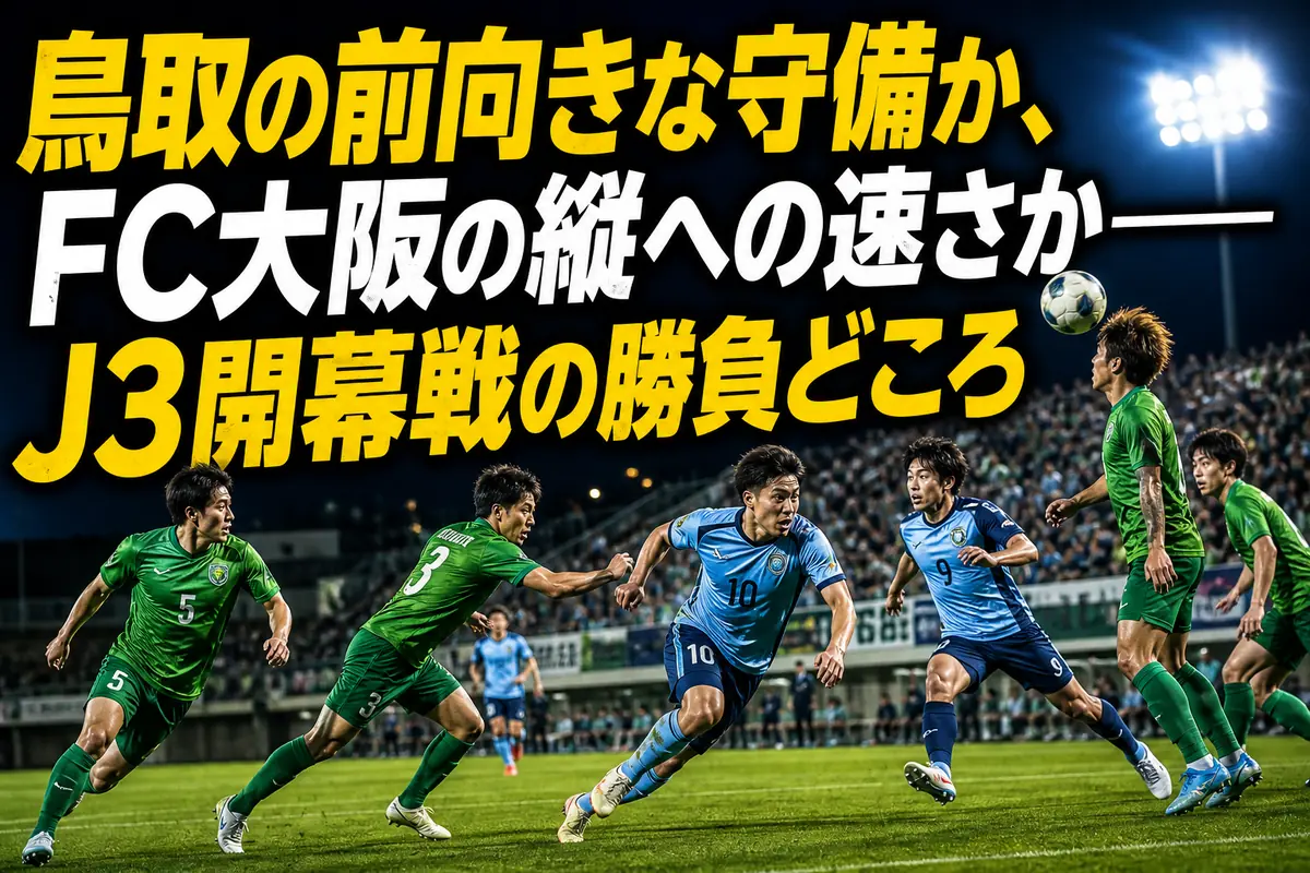 開幕戦で中盤のボールを競り合うガイナーレ鳥取とFC大阪の選手たち。