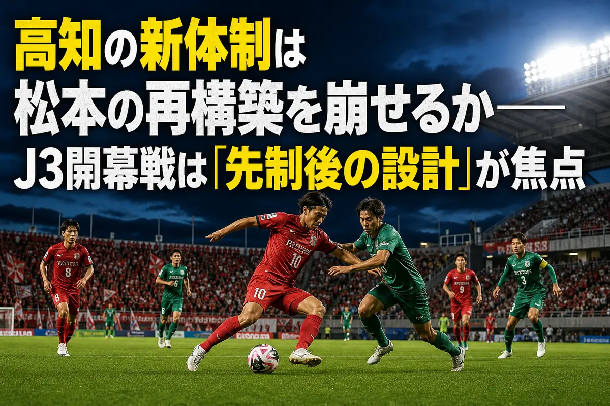 夏のナイトゲームでボールを競り合う高知と松本の選手たち。