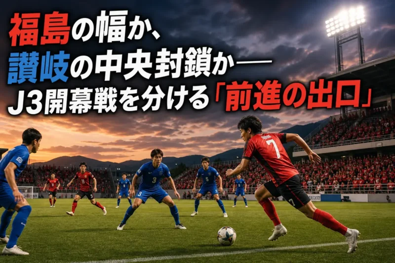 夕暮れのスタジアムで福島と讃岐の攻防をイメージしたサッカー場面。