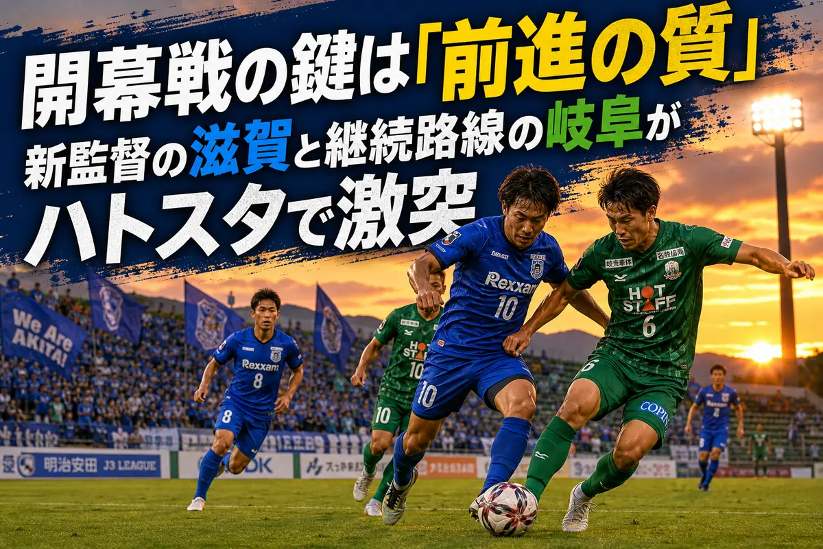 夏の夕暮れのスタジアムで青と緑の選手が中盤のボールを争う。