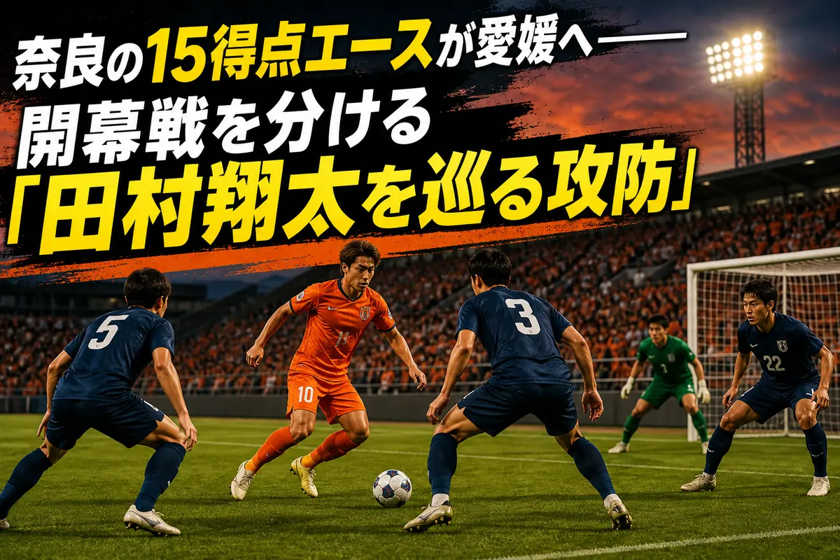 夏のスタジアムで愛媛と奈良の選手が対峙するイメージ。
