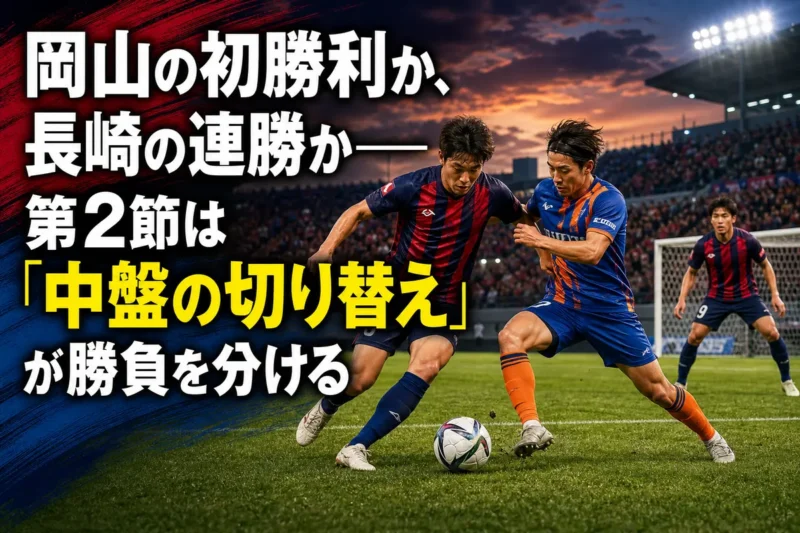 JFE晴れの国スタジアムで中盤のボールを争う岡山と長崎の選手を表したイメージ。