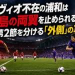 赤と紫の選手が埼玉スタジアムのピッチで向き合う試合イメージ。