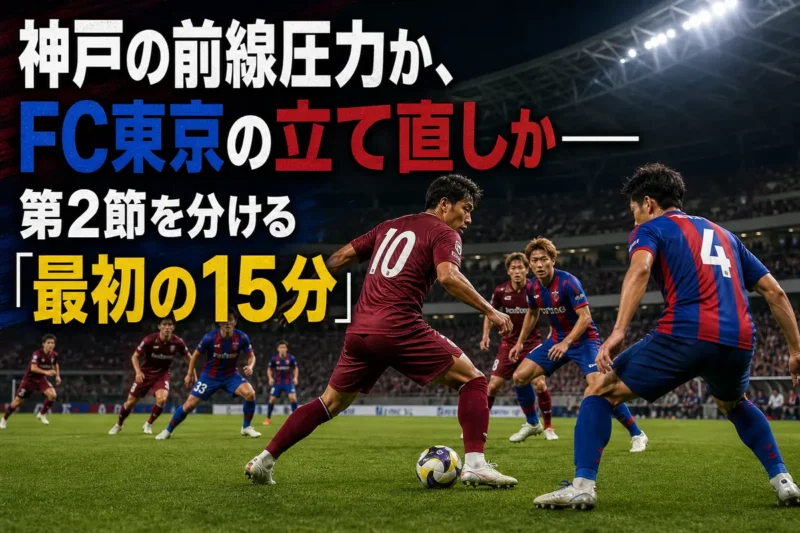 神戸の前線攻撃にFC東京の守備陣が対応する試合イメージ。