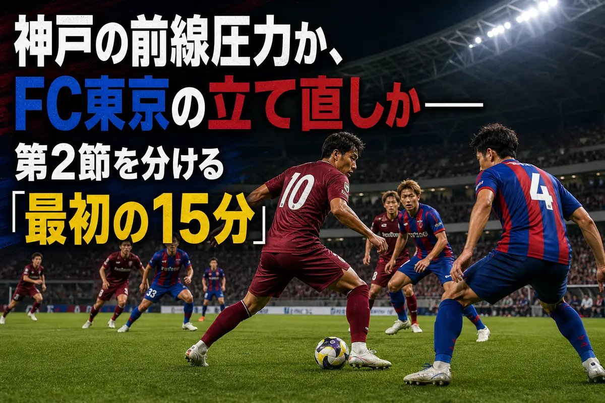 神戸の前線攻撃にFC東京の守備陣が対応する試合イメージ。