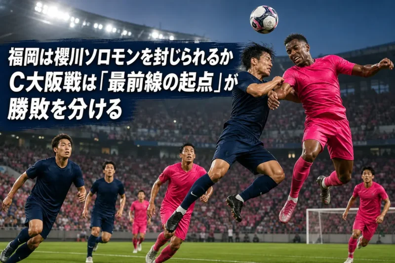 夏のスタジアムで空中戦を競る福岡とC大阪の選手。