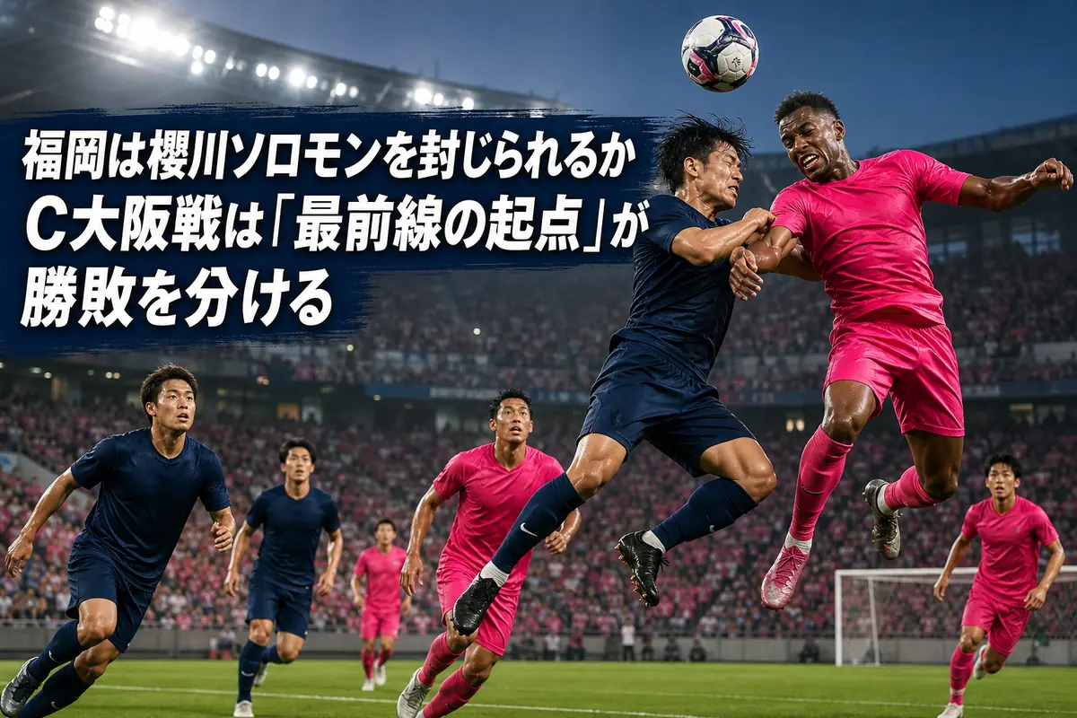 夏のスタジアムで空中戦を競る福岡とC大阪の選手。