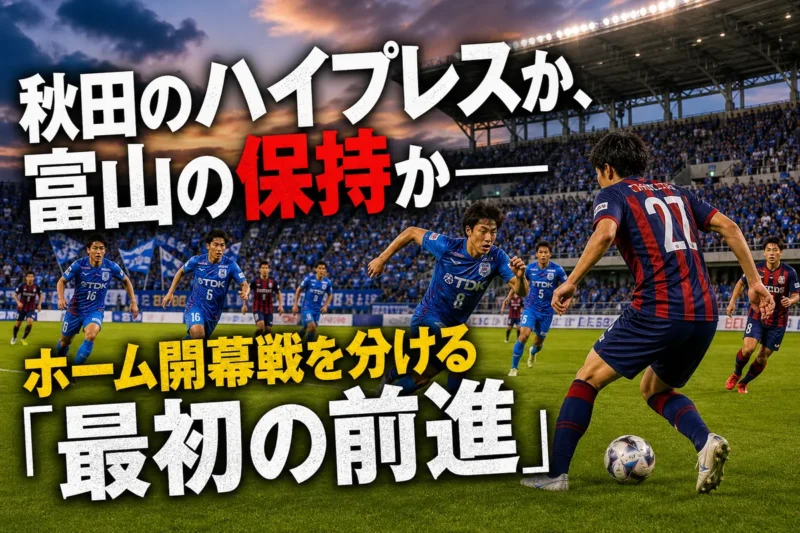 秋田の前線守備と富山のビルドアップがぶつかる試合をイメージしたサッカー場。