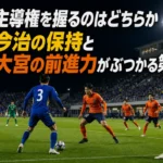 青黄の選手が組み立て、オレンジの選手が前線から圧力をかける試合イメージ。