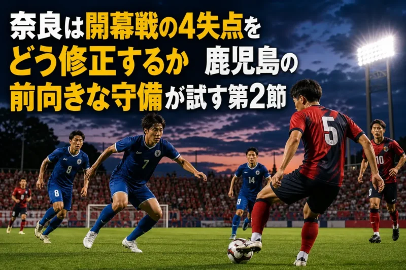鹿児島の前向きな守備に対して奈良が後方から前進を試みる試合イメージ。