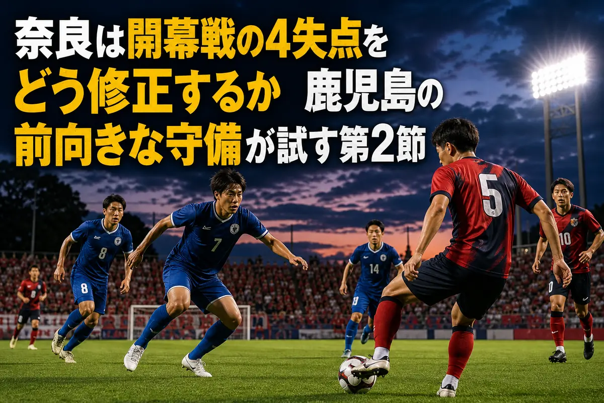 鹿児島の前向きな守備に対して奈良が後方から前進を試みる試合イメージ。