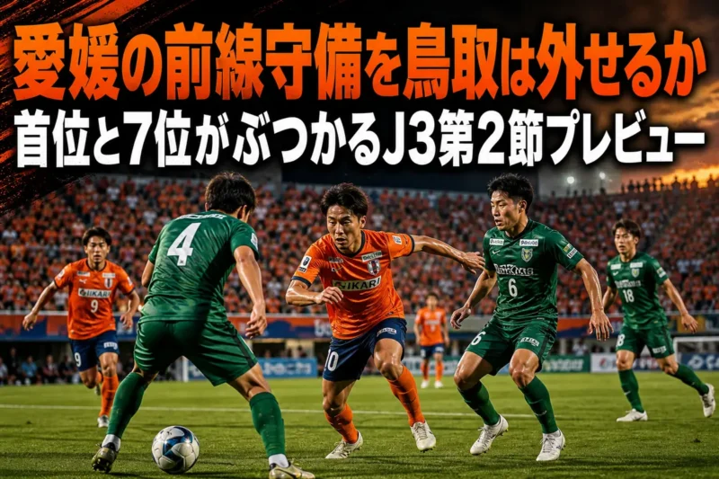 愛媛と鳥取の攻守のせめぎ合いを表現したサッカーの試合風景。