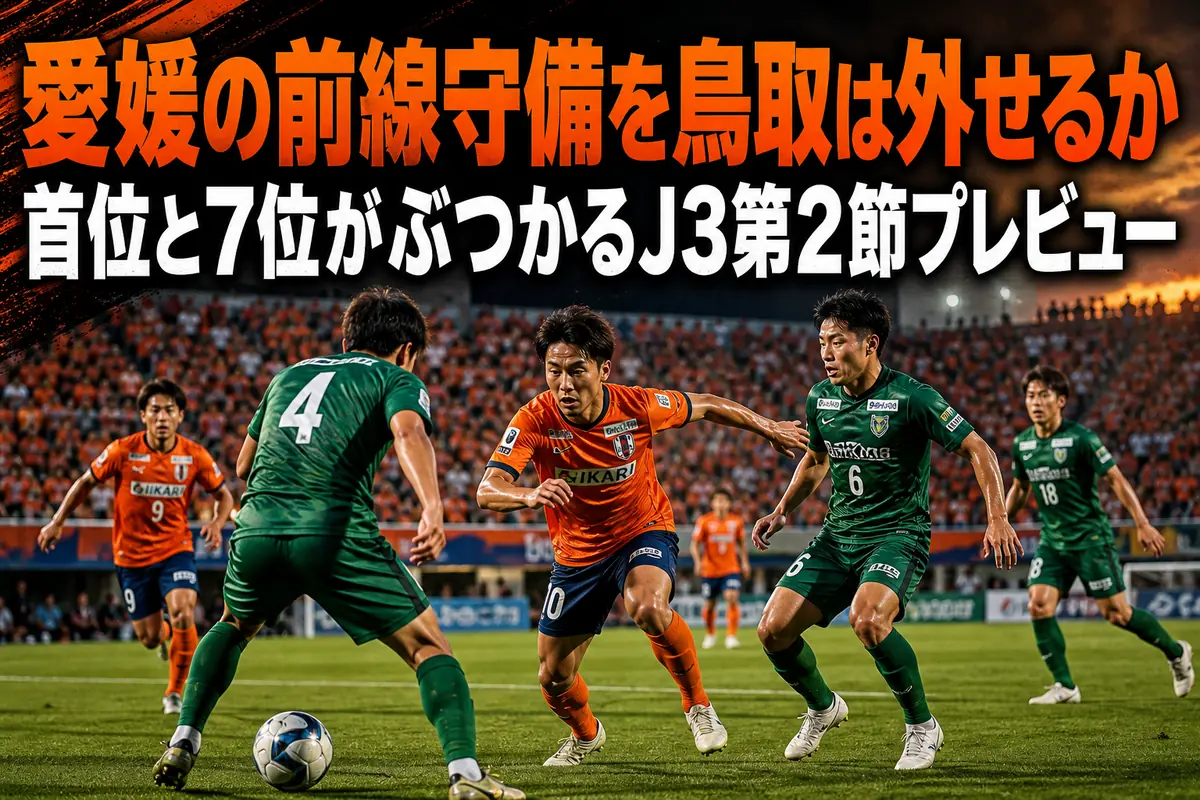 愛媛と鳥取の攻守のせめぎ合いを表現したサッカーの試合風景。