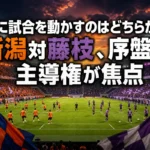 夜のスタジアムで新潟と藤枝の対戦を待つピッチ。
