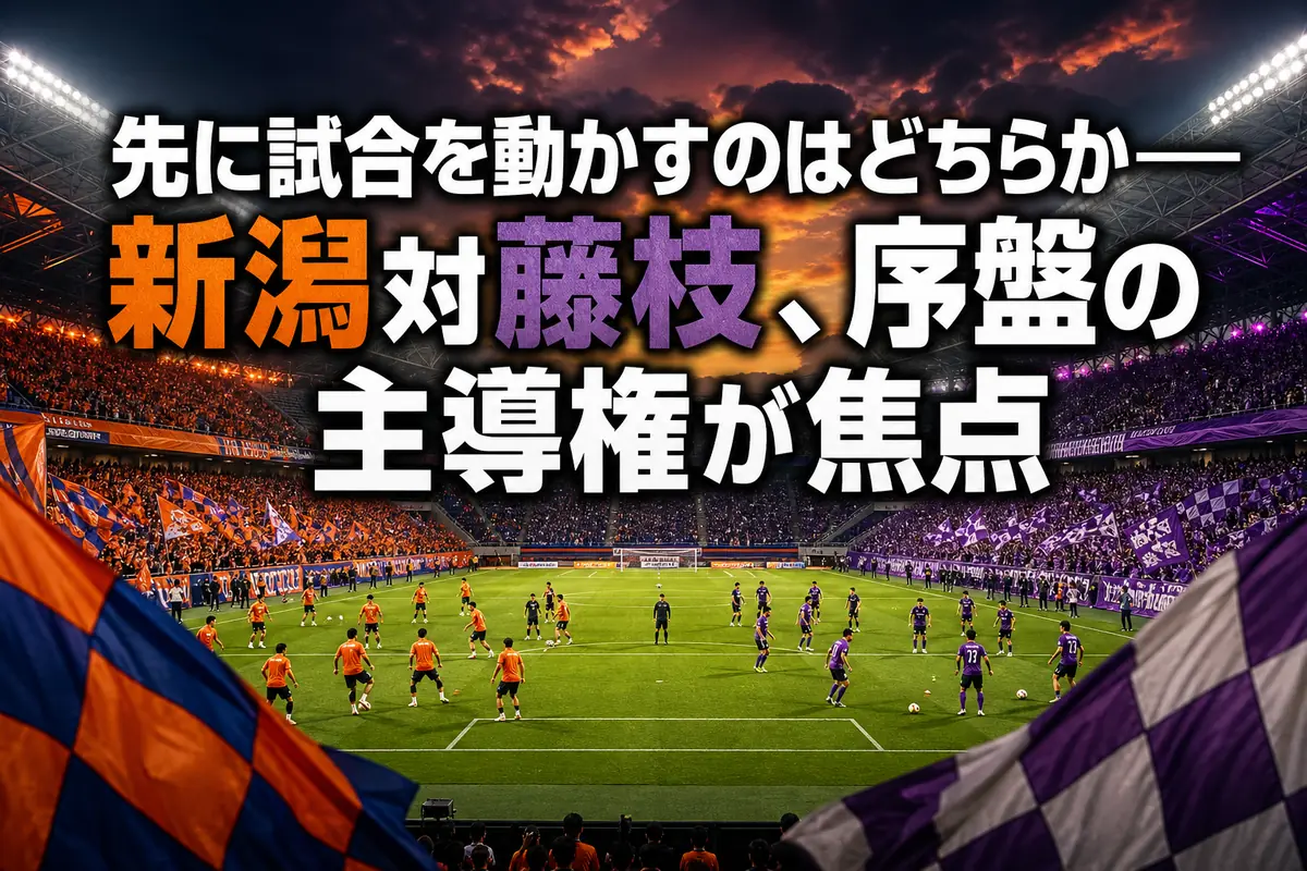 夜のスタジアムで新潟と藤枝の対戦を待つピッチ。