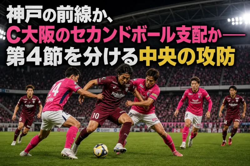 神戸とC大阪の選手が中盤のセカンドボールを競り合うイメージ。