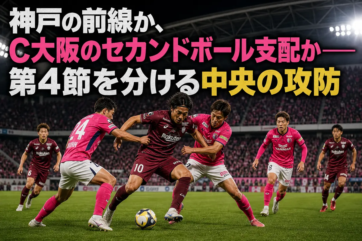 神戸とC大阪の選手が中盤のセカンドボールを競り合うイメージ。