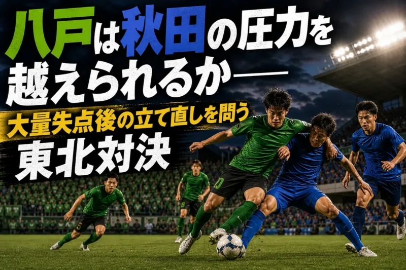 緑と青の選手が中盤のこぼれ球を激しく争うナイトゲームのイメージ。