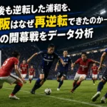 G大阪と浦和が夏のナイトゲームで激しく競り合う様子。