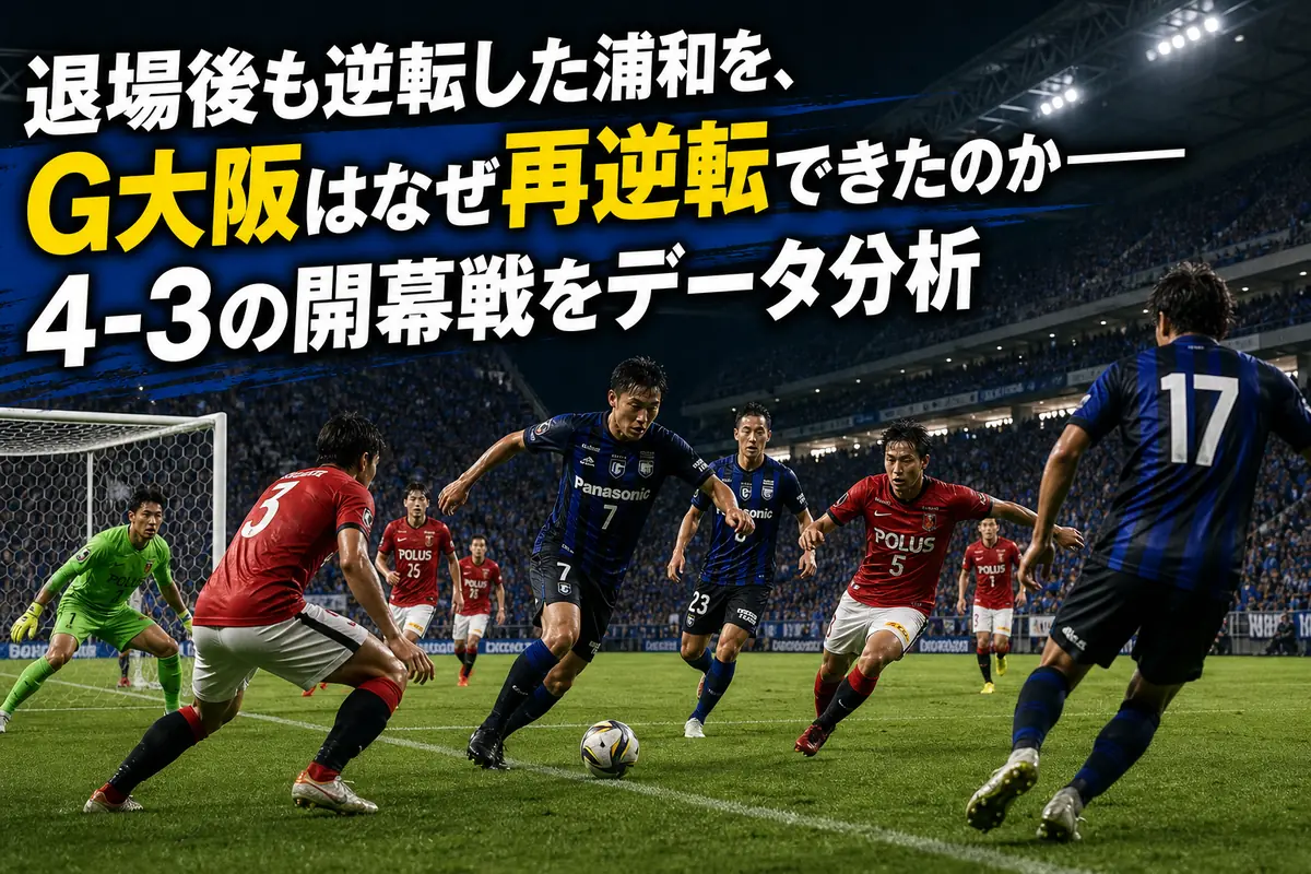 G大阪と浦和が夏のナイトゲームで激しく競り合う様子。