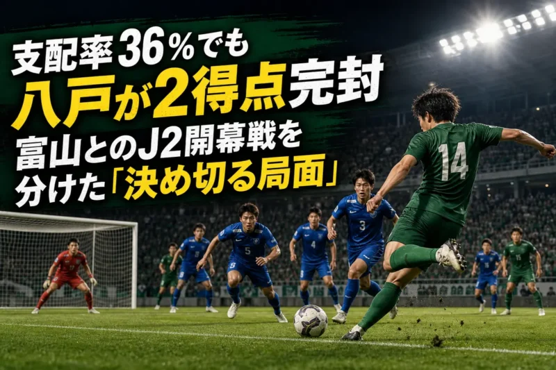 八戸の選手が富山戦でコーナーキックのこぼれ球を狙う場面のイメージ。
