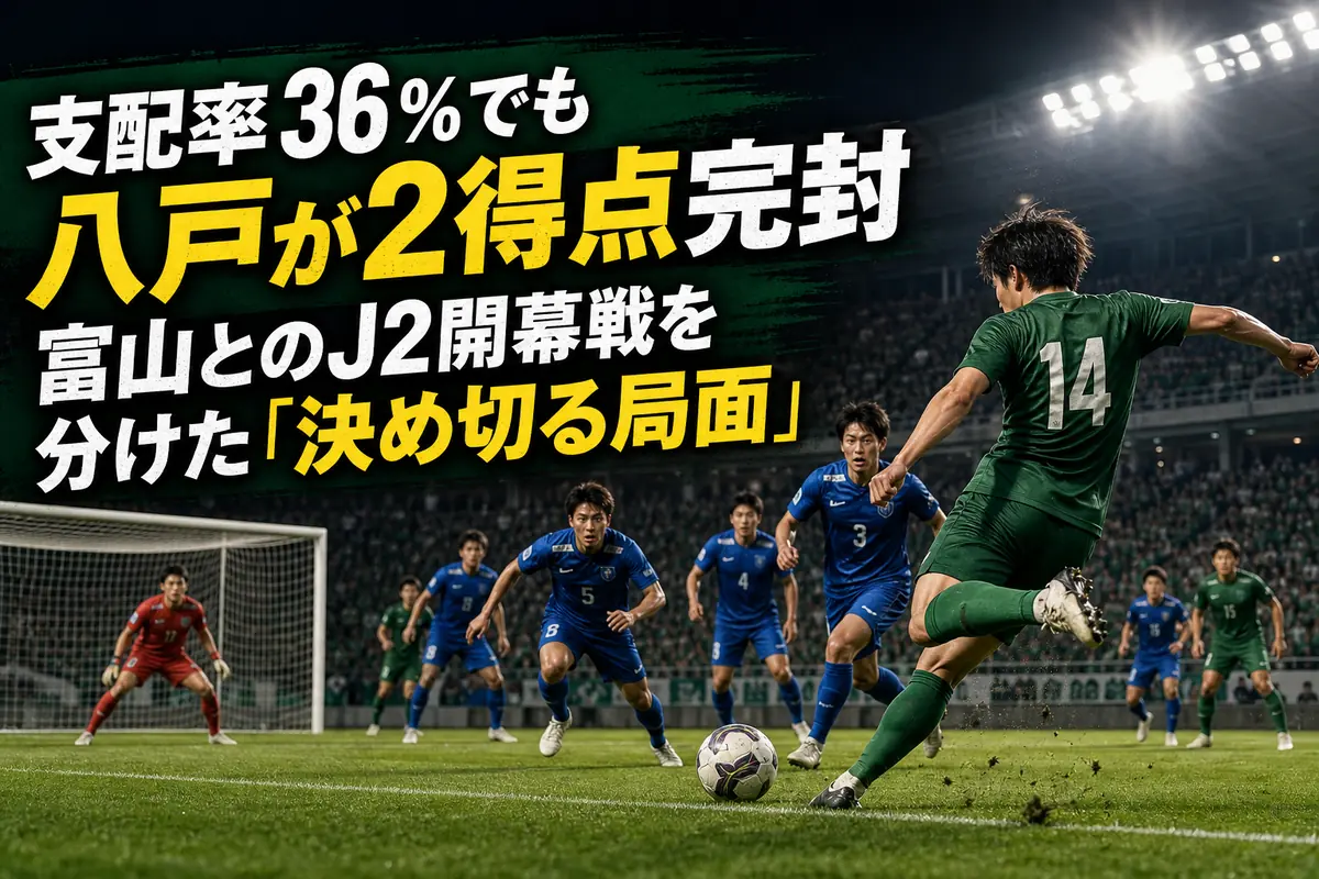 八戸の選手が富山戦でコーナーキックのこぼれ球を狙う場面のイメージ。