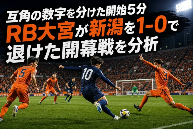 RB大宮の選手が新潟守備陣の背後へ抜け出してシュートを放つイメージ。