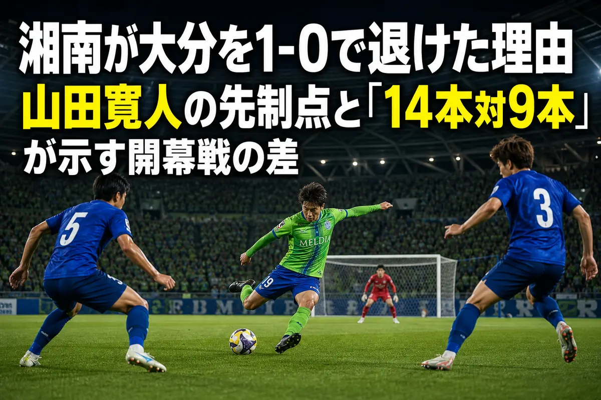 大分の守備陣を前に湘南の選手がシュートを放つ試合イメージ。