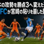 雨のナイトゲームで横浜FCの攻撃を防ぐテゲバジャーロ宮崎の守備陣。