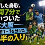 鳥取とFC大阪の選手がナイトゲームで競り合うイメージ。